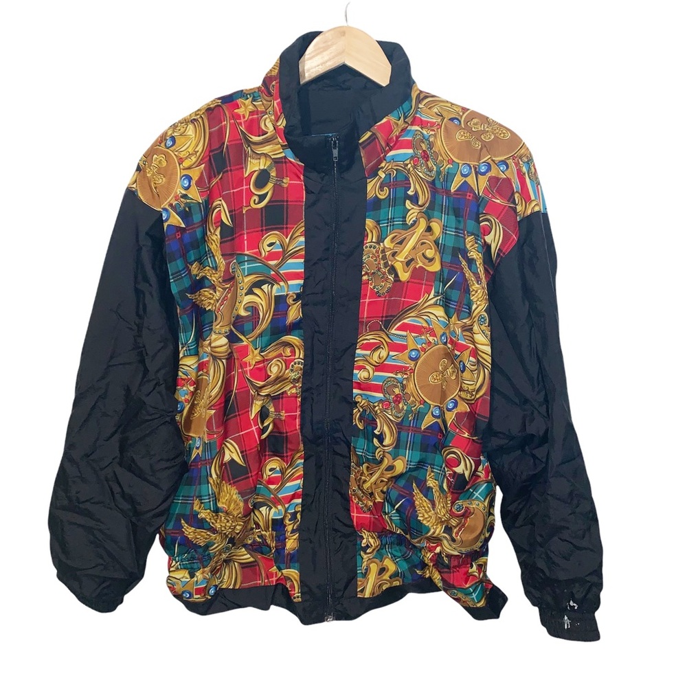 Vintage Northern Climate 80s Track Jacket Black Red Tartan Retro XL Windbreaker